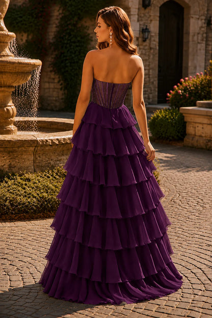 Deep Plum corset tiered ruffle prom gown, back view