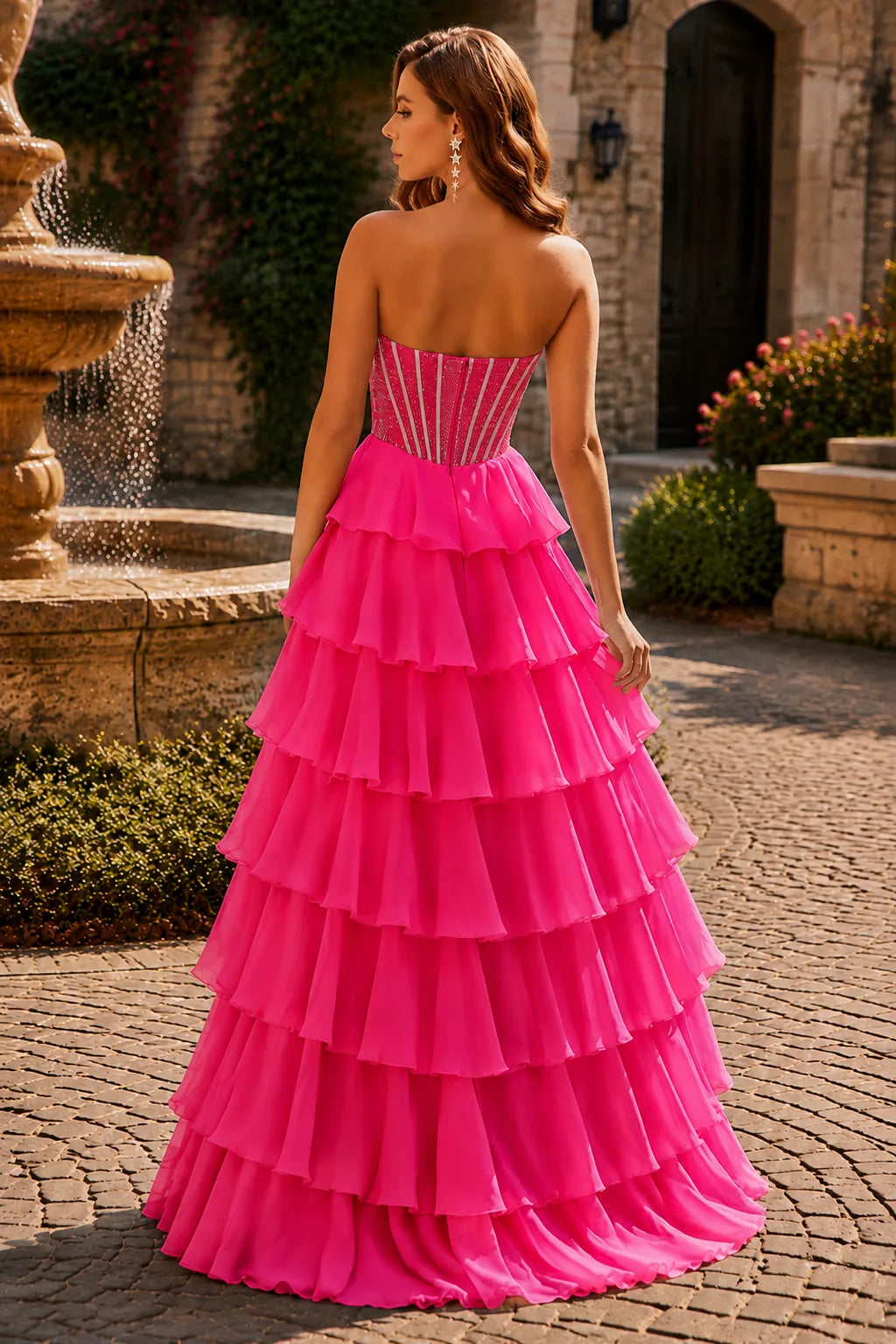 Hot Pink corset tiered ruffle prom gown, back view