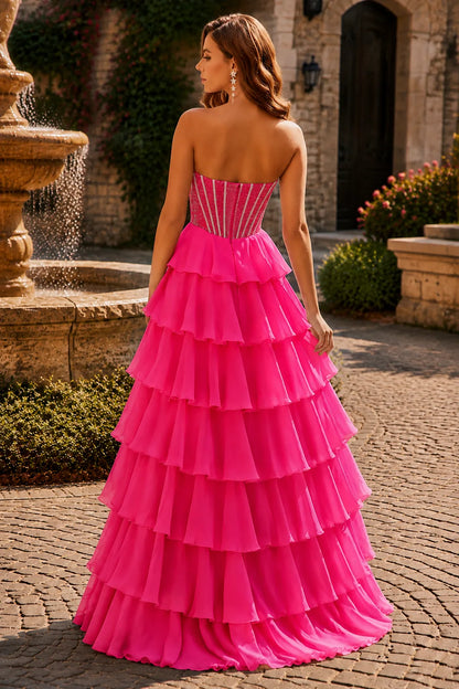 Hot Pink corset tiered ruffle prom gown, back view