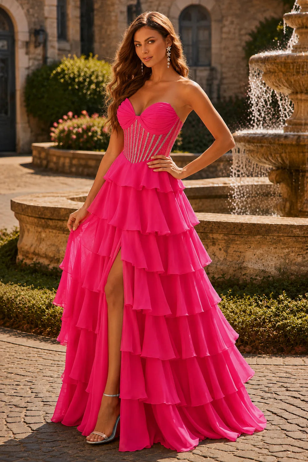 Hot Pink corset tiered ruffle prom gown, front view