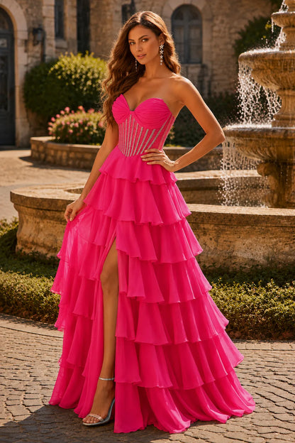 Hot Pink corset tiered ruffle prom gown, front view