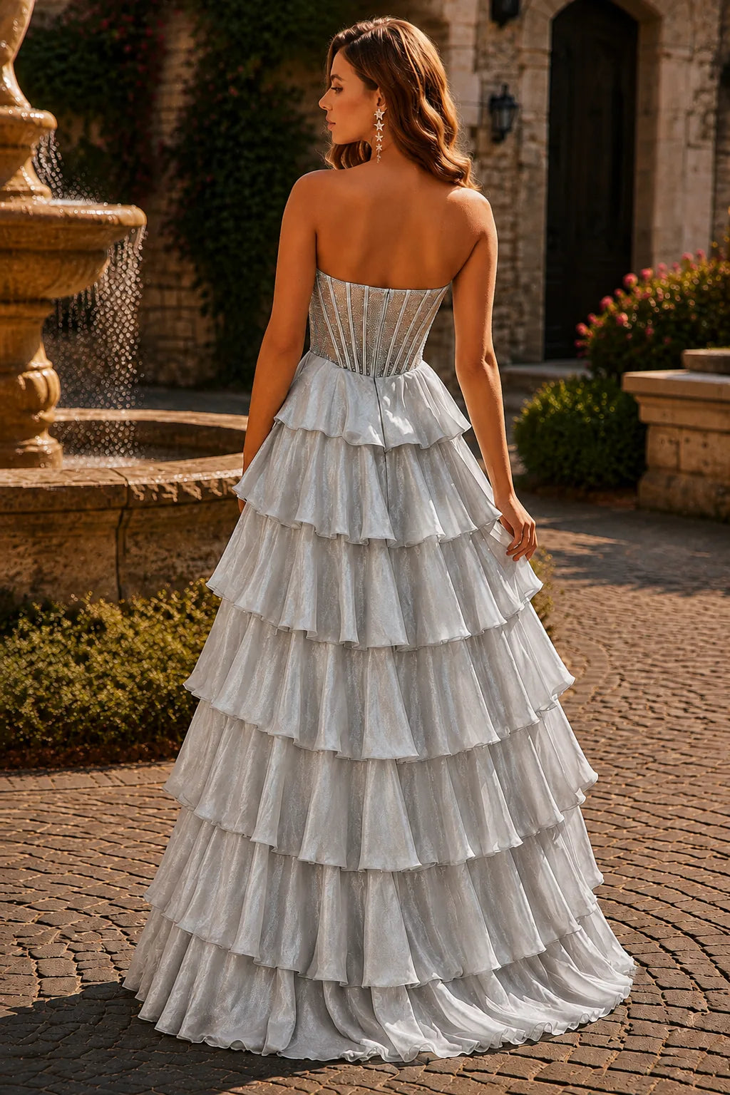 Metallic Silver corset tiered ruffle prom gown, back view