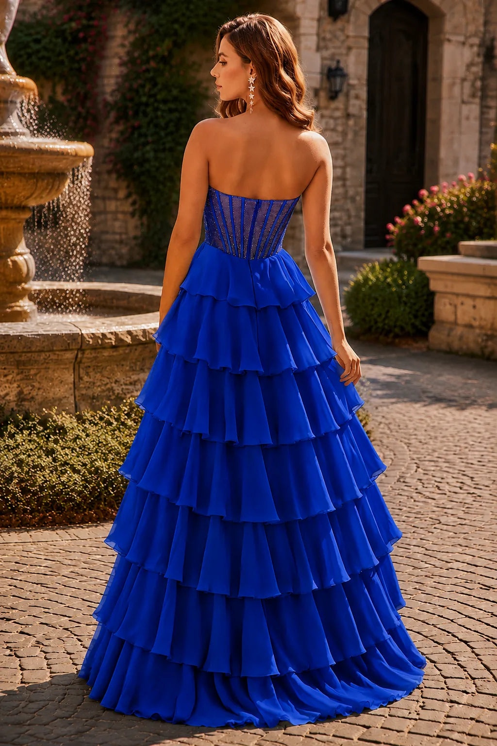 Royal Blue corset tiered ruffle prom gown, back view