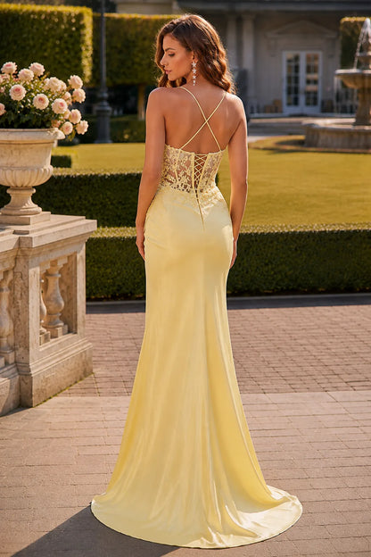 Butter Yellow embellished-bodice prom gown with a slit, back view