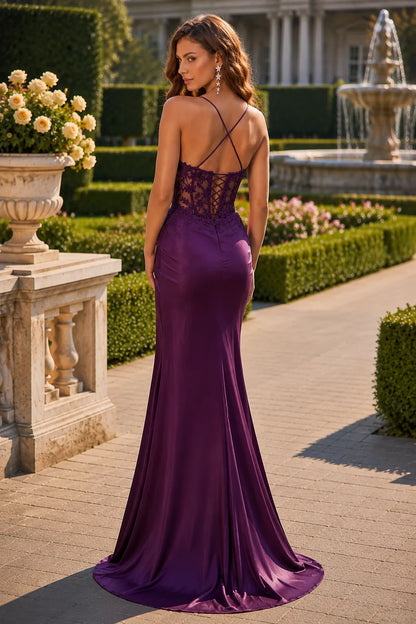 Deep Plum embellished-bodice prom gown with a slit, back view