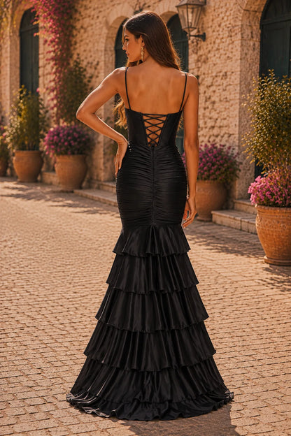 Classic Black spaghetti-strap tiered ruffle prom gown with a slit, back view