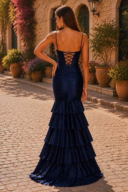 Deep Navy spaghetti-strap tiered ruffle prom gown with a slit, back view