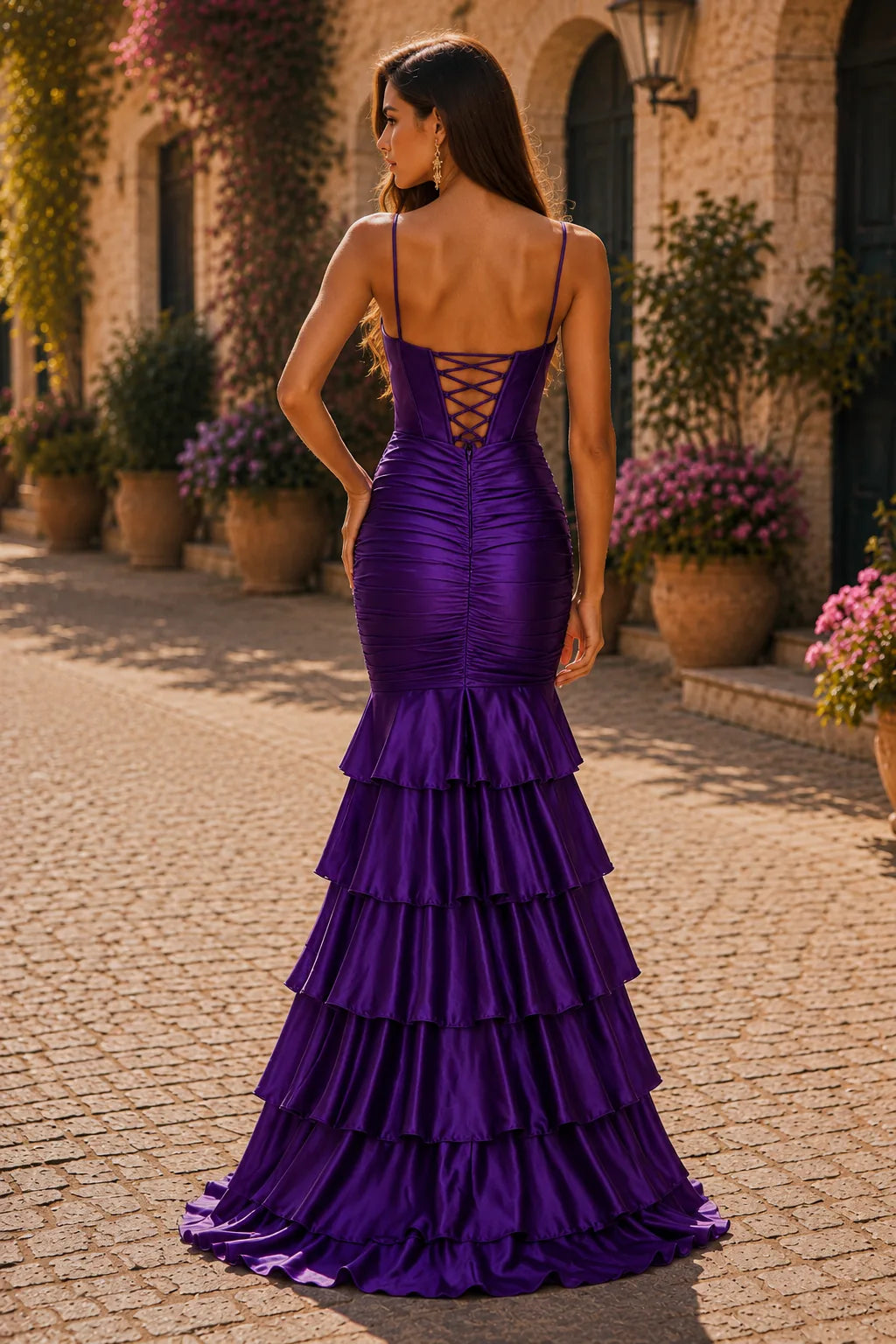 Deep Plum spaghetti-strap tiered ruffle prom gown with a slit, back view