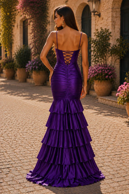 Deep Plum spaghetti-strap tiered ruffle prom gown with a slit, back view