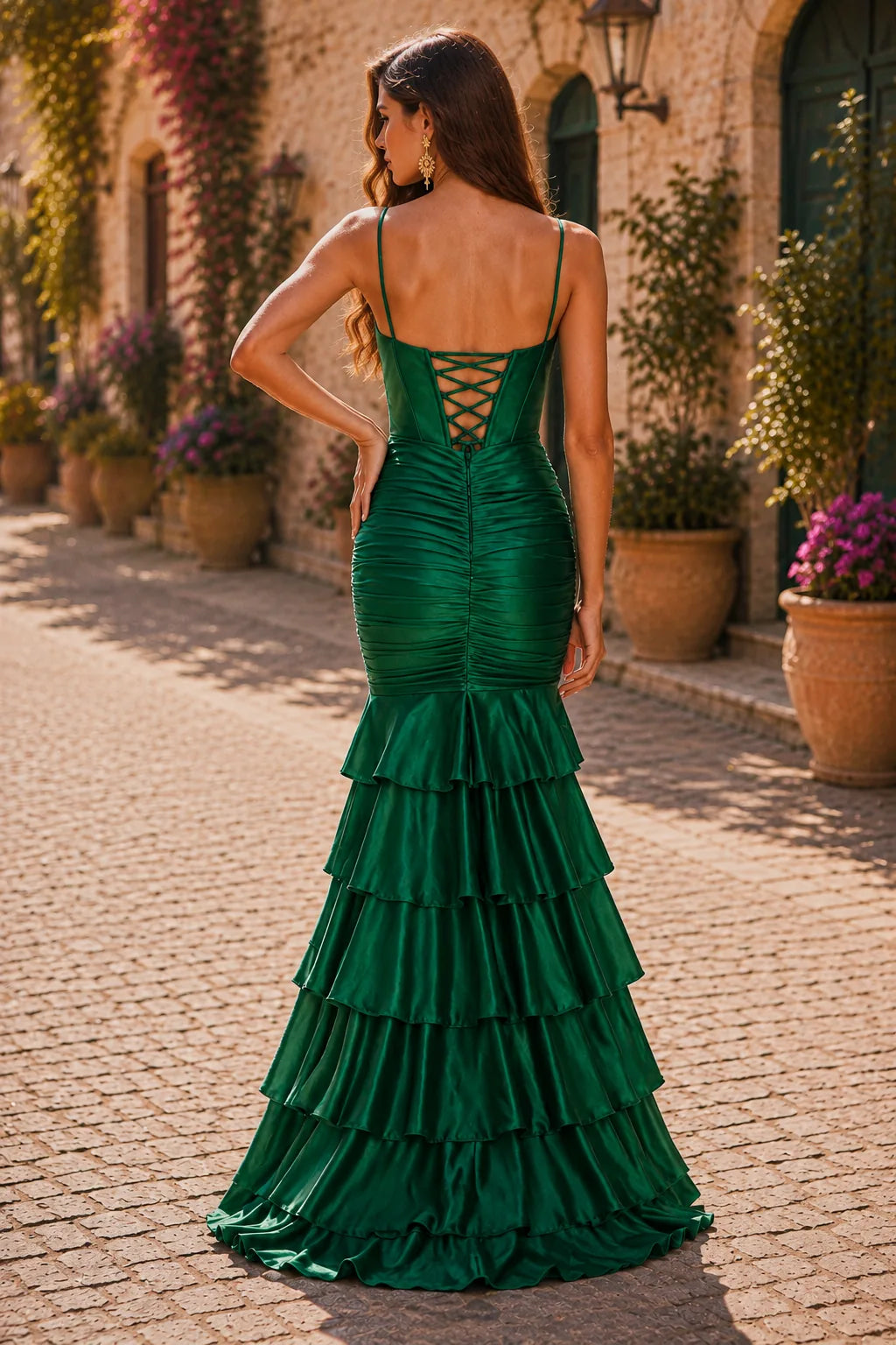 Emerald Green spaghetti-strap tiered ruffle prom gown with a slit, back view