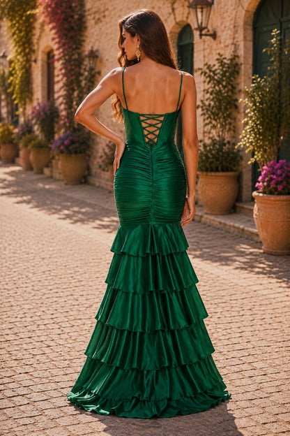 Emerald Green spaghetti-strap tiered ruffle prom gown with a slit, back view