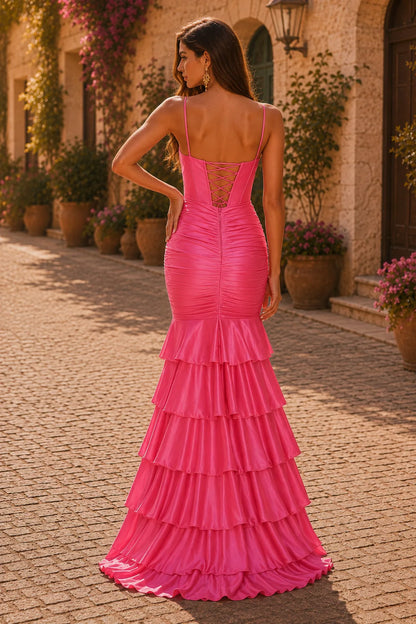 Hot Pink spaghetti-strap tiered ruffle prom gown with a slit, back view