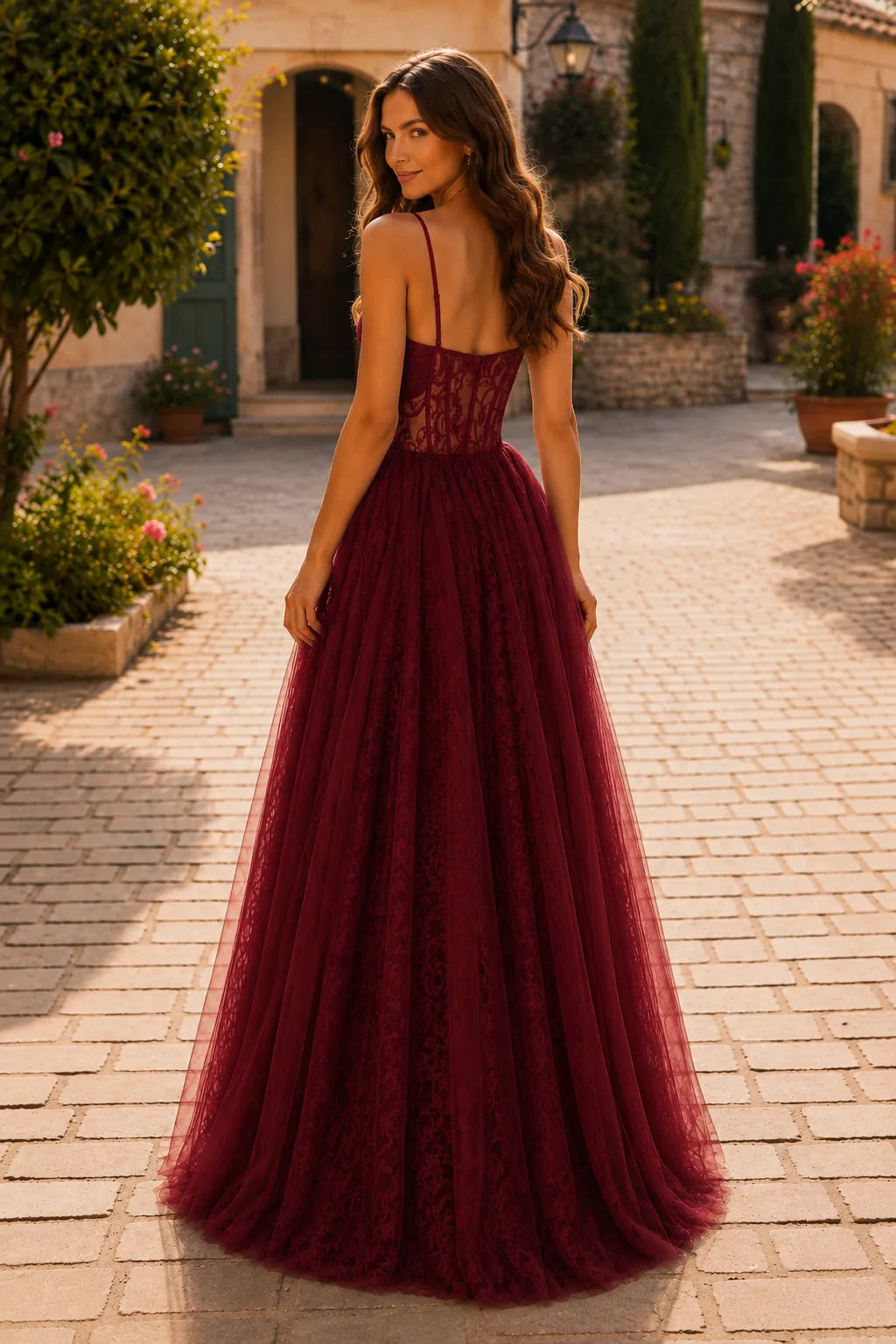 Burgundy corset tulle ball gown, back view