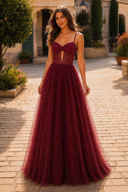 Burgundy corset tulle ball gown, front view