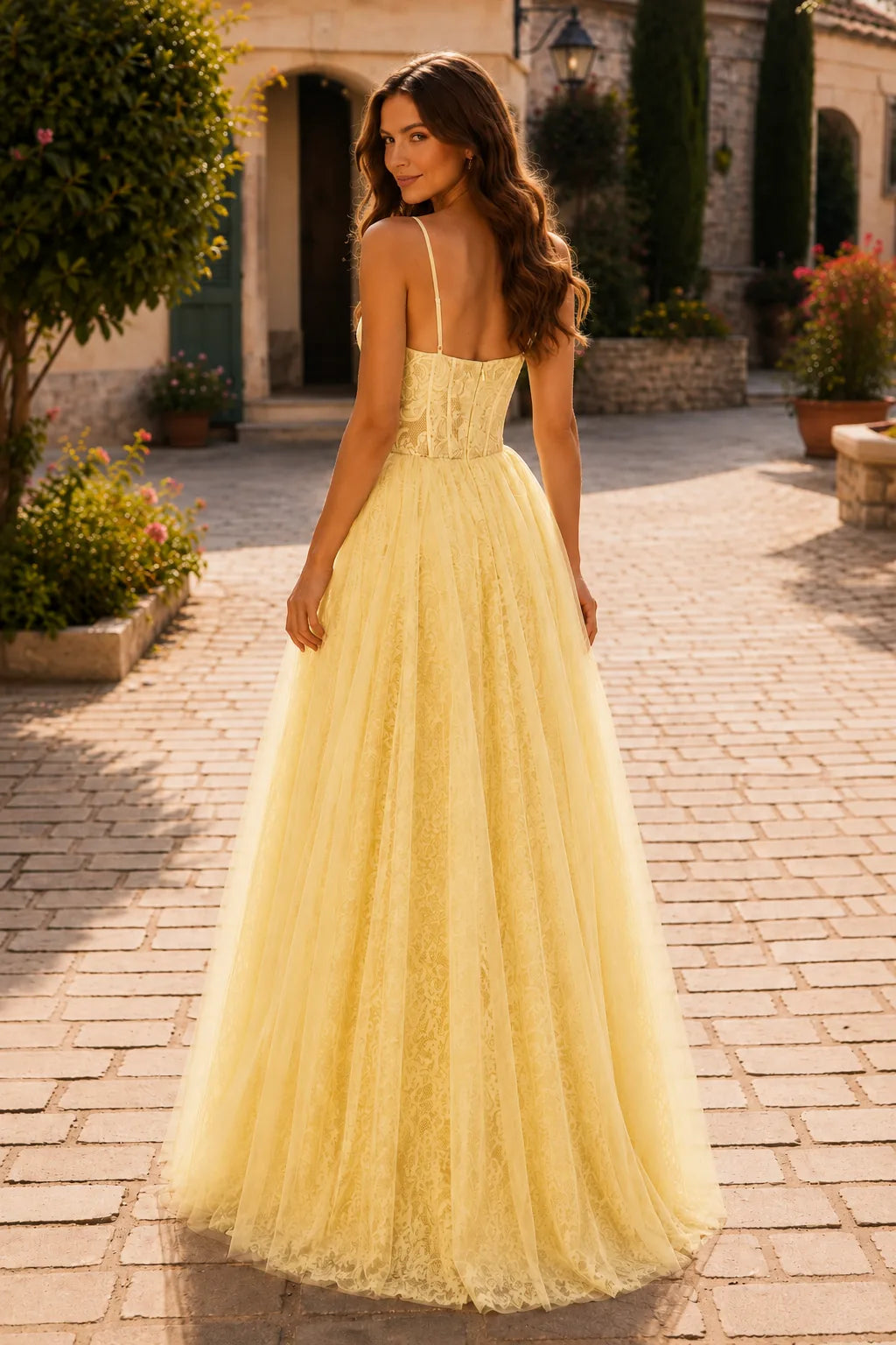 Butter Yellow corset tulle ball gown, back view