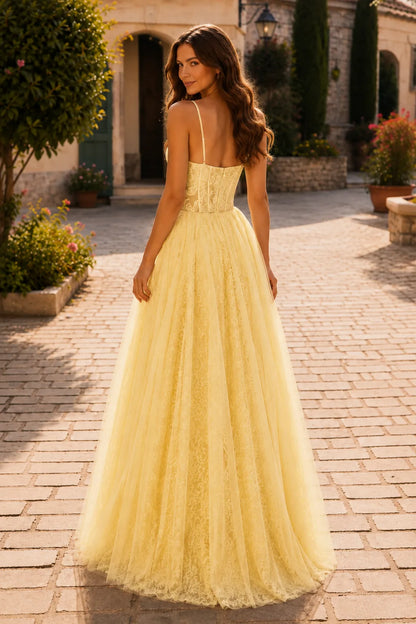 Butter Yellow corset tulle ball gown, back view