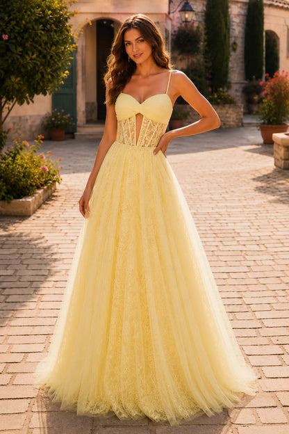 Butter Yellow corset tulle ball gown, front view