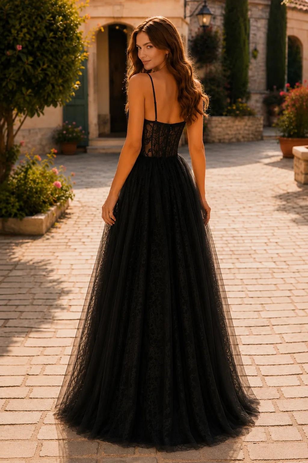 Classic Black corset tulle ball gown, back view