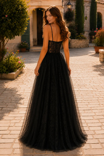 Classic Black corset tulle ball gown, back view