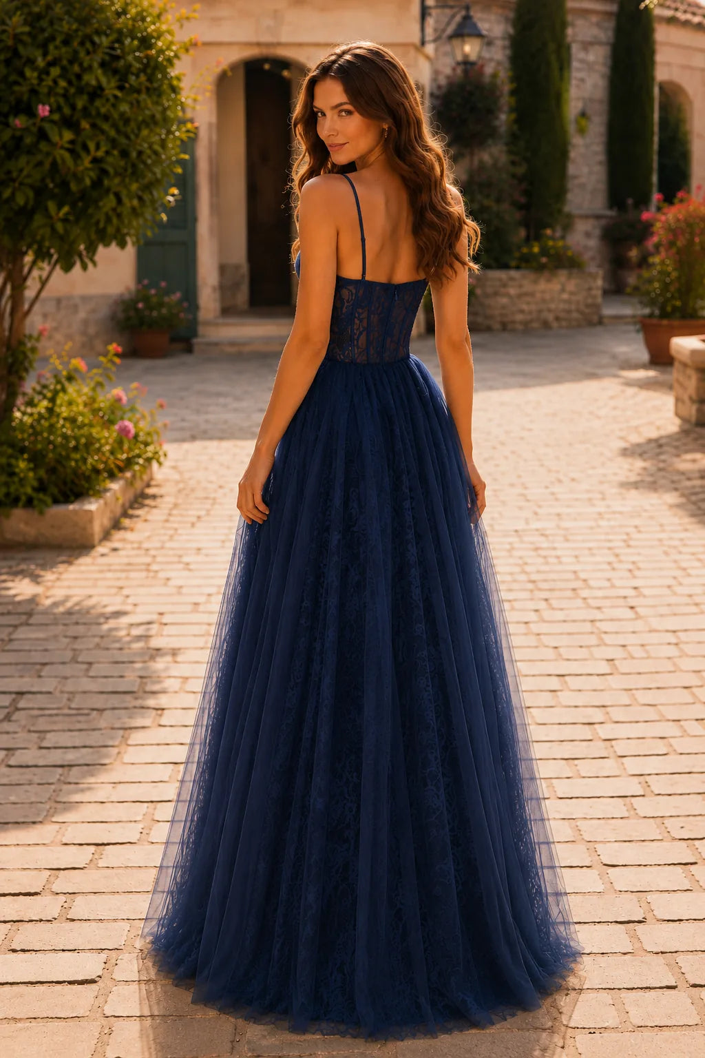 Deep Navy corset tulle ball gown, back view