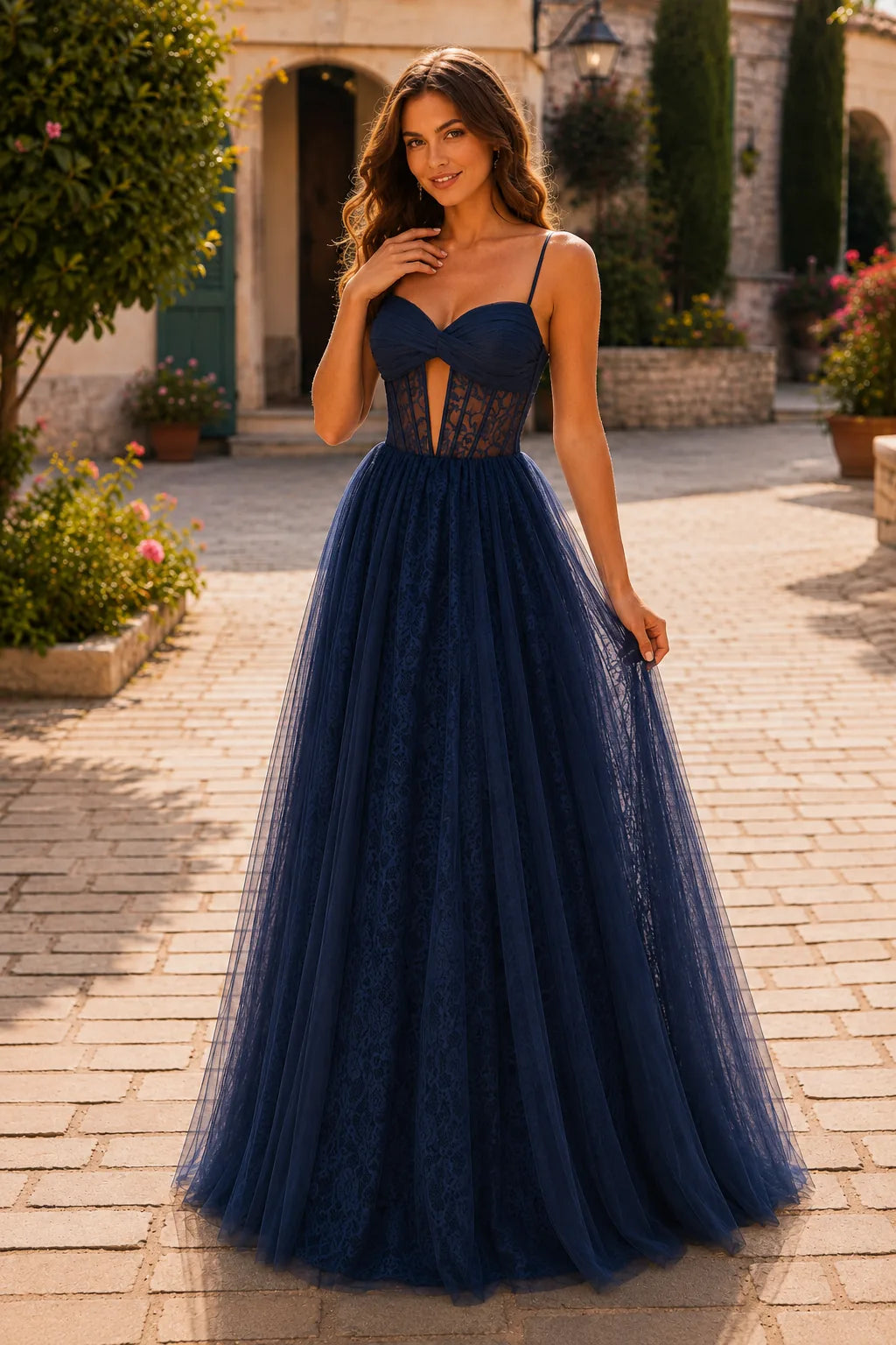 Deep Navy corset tulle ball gown, front view