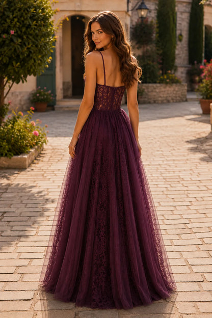 Deep Plum corset tulle ball gown, back view