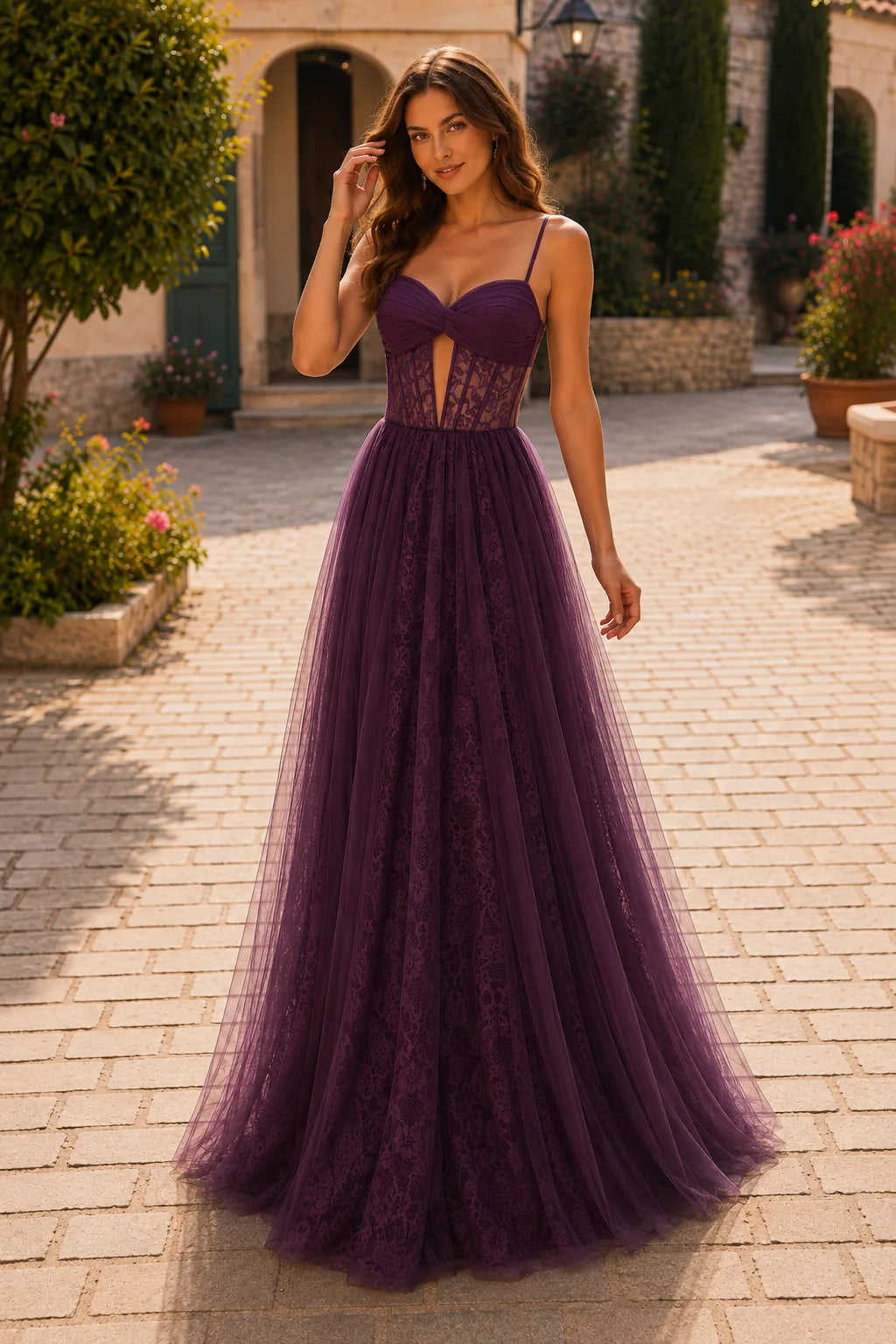 Deep Plum corset tulle ball gown, front view