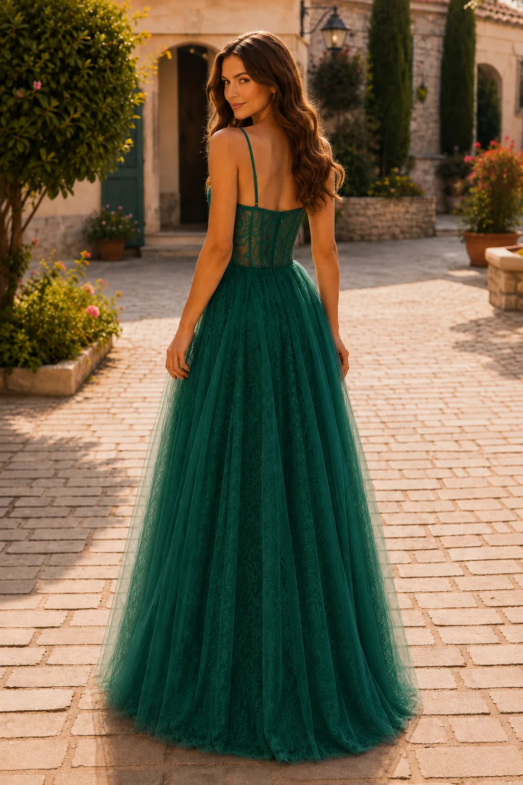 Emerald Green corset tulle ball gown, back view