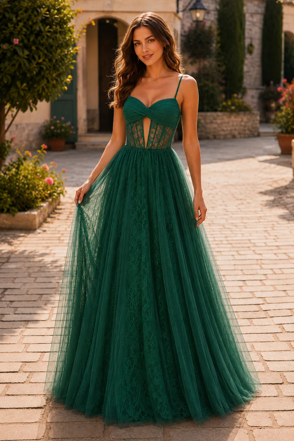Emerald Green corset tulle ball gown, front view