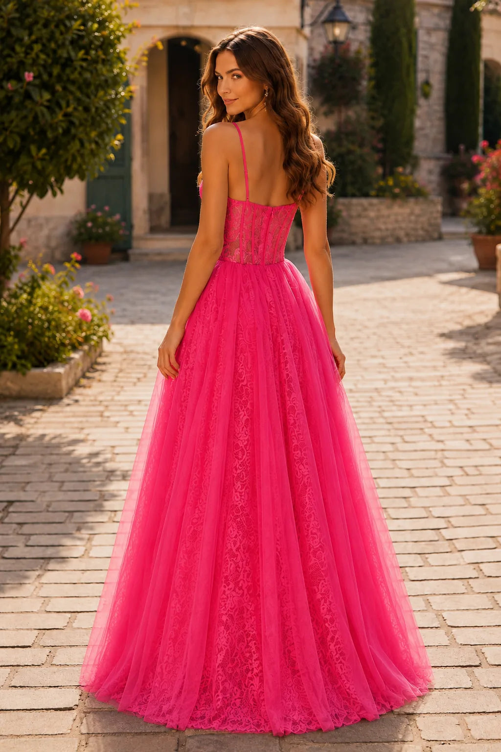 Hot Pink corset tulle ball gown, back view