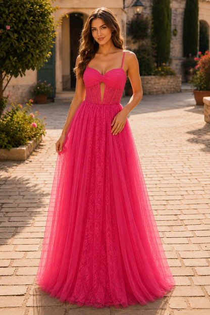 Hot Pink corset tulle ball gown, front view