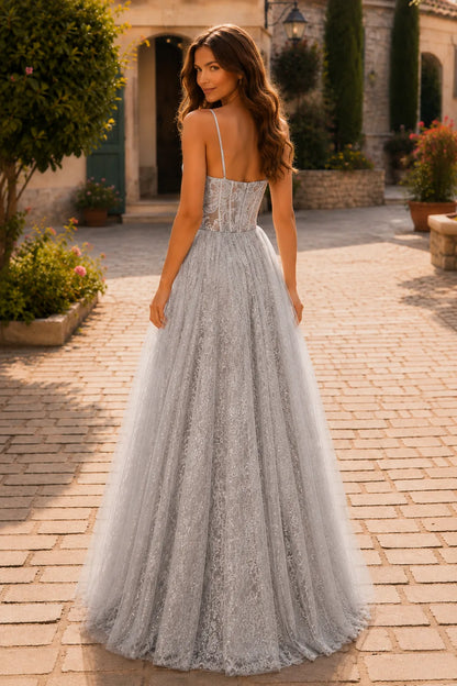 Metallic Silver corset tulle ball gown, back view