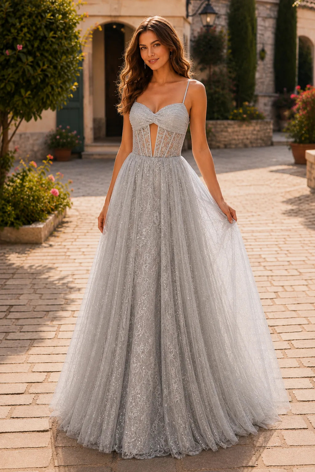 Metallic Silver corset tulle ball gown, front view