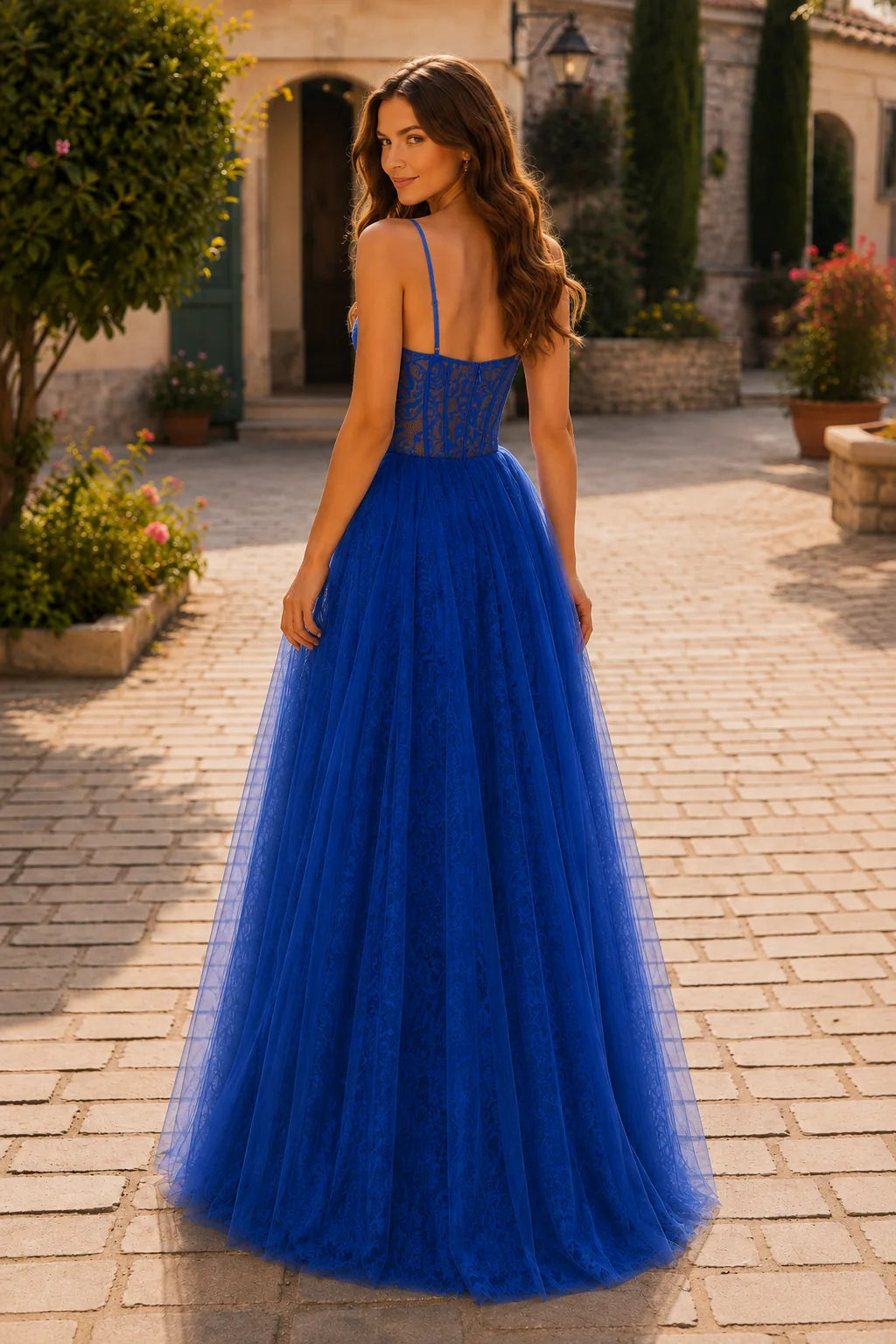 Royal Blue corset tulle ball gown, back view