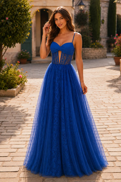 Royal Blue corset tulle ball gown, front view