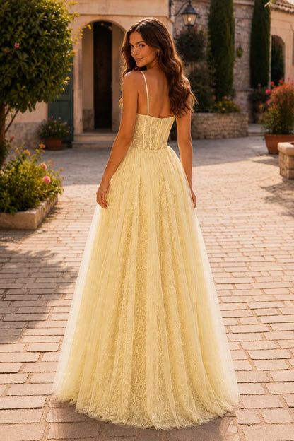 Butter Yellow tiered ruffle prom gown, back view