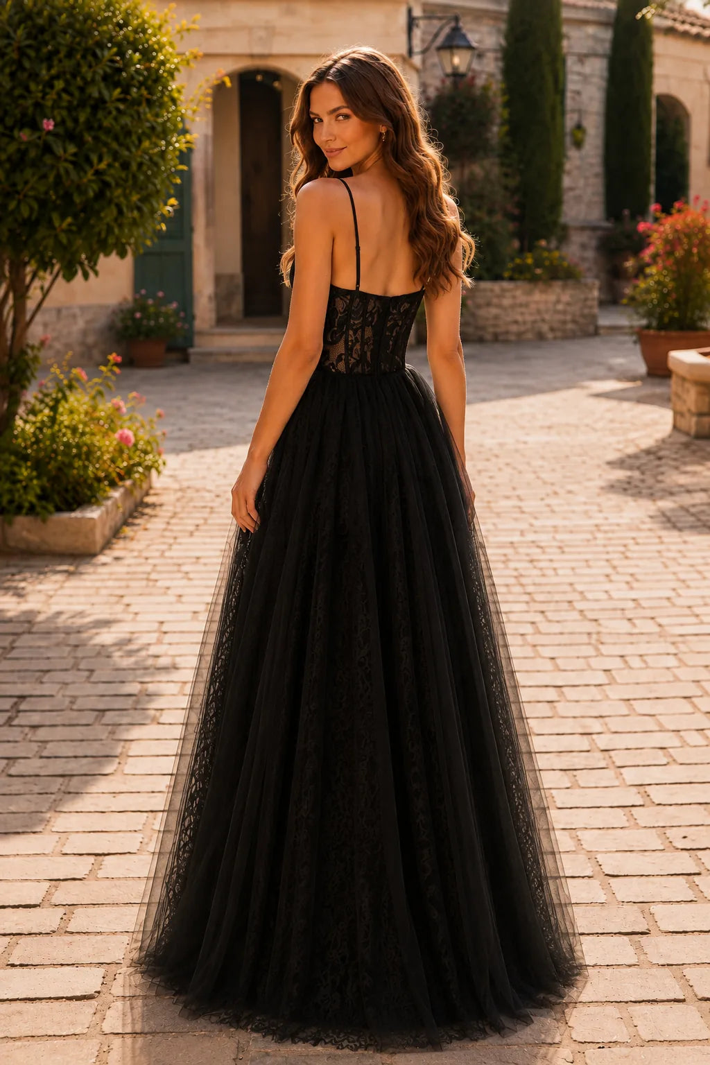 Classic Black tiered ruffle prom gown, back view