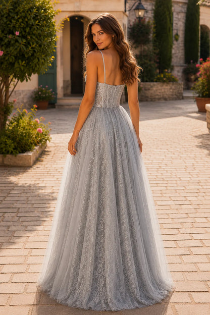 Deep Navy tiered ruffle prom gown, back view