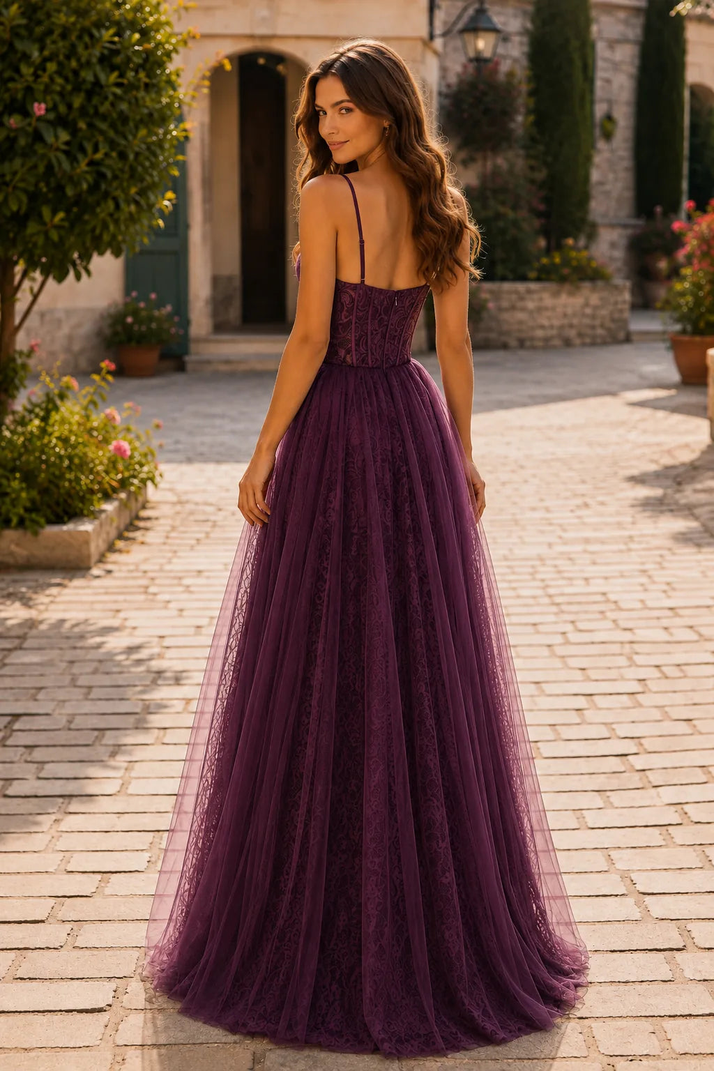 Deep Plum tiered ruffle prom gown, back view