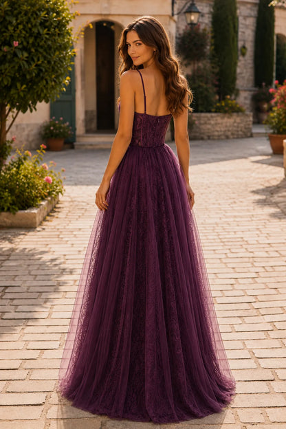 Deep Plum tiered ruffle prom gown, back view