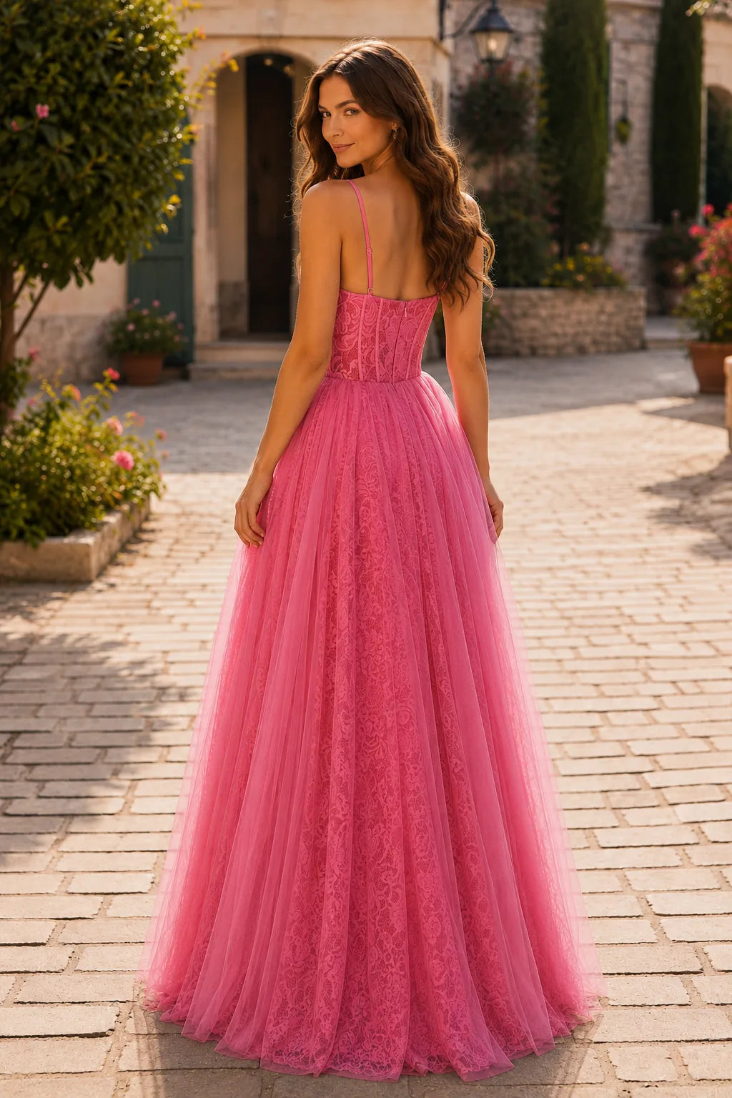 Hot Pink tiered ruffle prom gown, back view