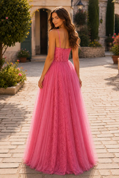 Hot Pink tiered ruffle prom gown, back view