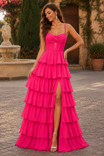 Hot Pink tiered ruffle prom gown, front view