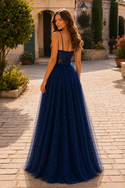 Metallic Silver tiered ruffle prom gown, back view
