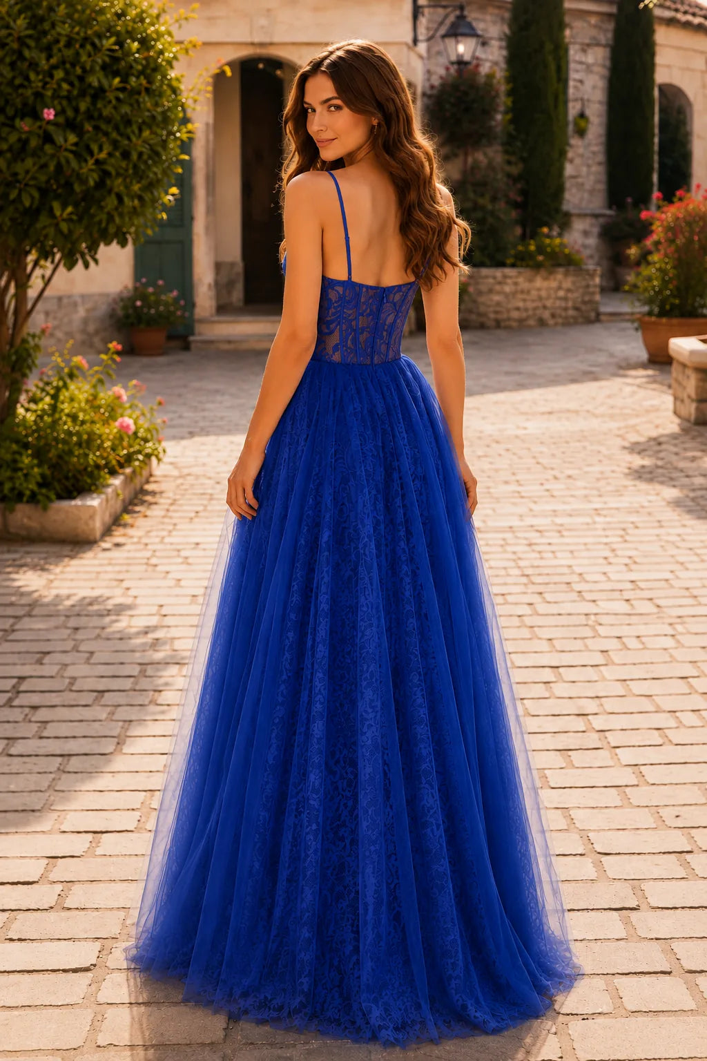 Royal Blue tiered ruffle prom gown, back view