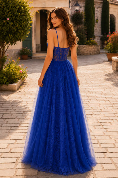 Royal Blue tiered ruffle prom gown, back view