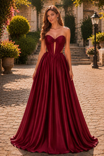 Burgundy strapless corset ball gown, front view