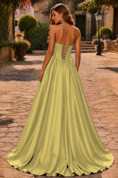 Butter Yellow strapless corset ball gown, back view