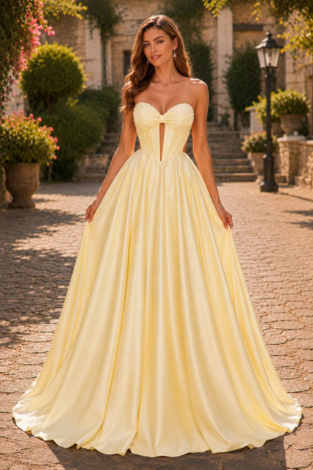 Butter Yellow strapless corset ball gown, front view