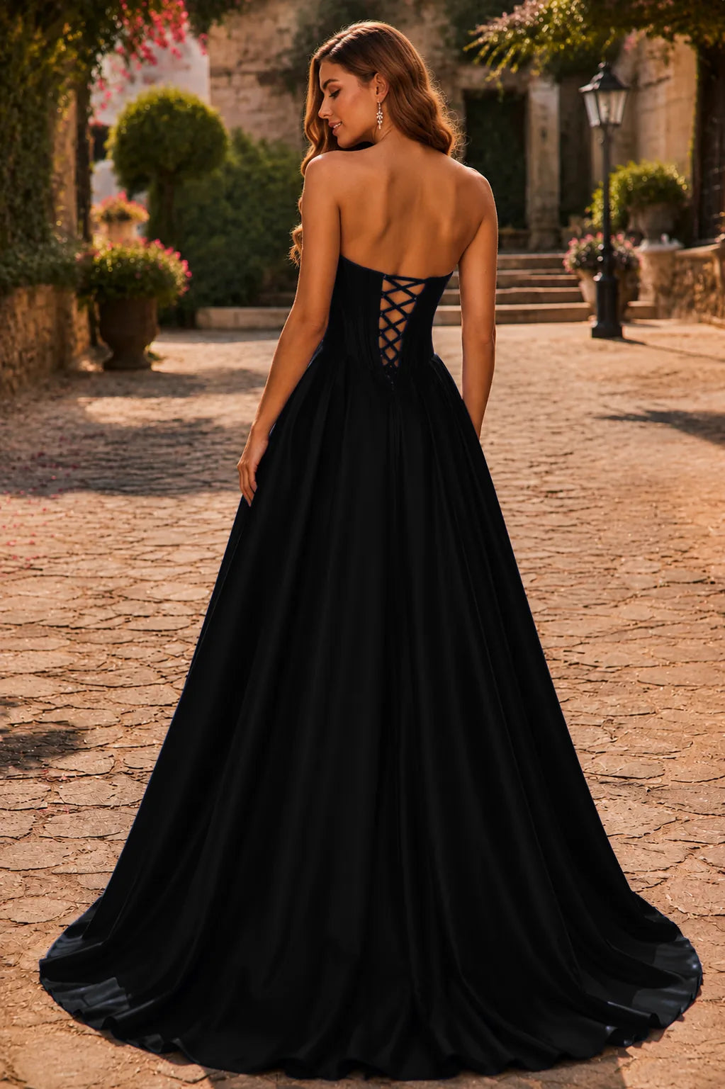 Classic Black strapless corset ball gown, back view